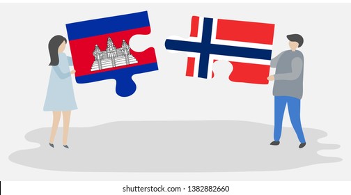 Couple holding two puzzles pieces with Cambodian and Norwegian flags. Cambodia and Norway national symbols together.