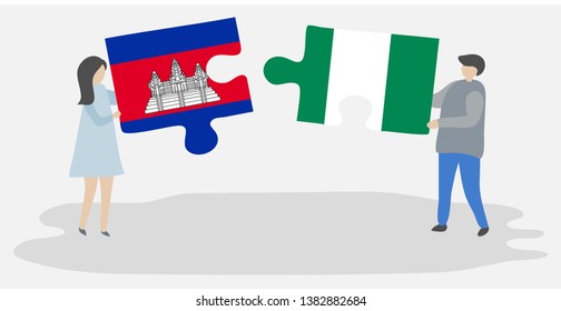 Couple holding two puzzles pieces with Cambodian and Nigerian flags. Cambodia and Nigeria national symbols together.