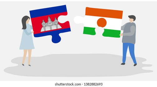Couple holding two puzzles pieces with Cambodian and Nigerien flags. Cambodia and Niger national symbols together.