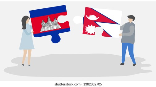Couple holding two puzzles pieces with Cambodian and Nepalese flags. Cambodia and Nepal national symbols together.