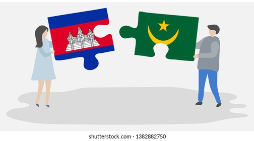 Couple holding two puzzles pieces with Cambodian and Mauritanian flags. Cambodia and Mauritania national symbols together.