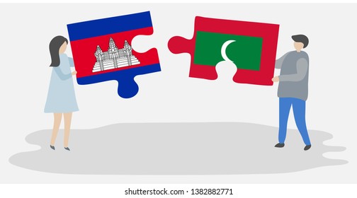 Couple holding two puzzles pieces with Cambodian and Maldivian flags. Cambodia and Maldives national symbols together.