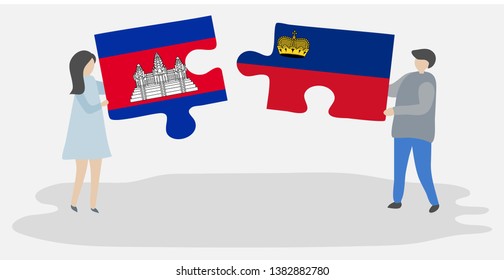 Couple holding two puzzles pieces with Cambodian and Liechtenstein flags. Cambodia and Liechtenstein national symbols together.