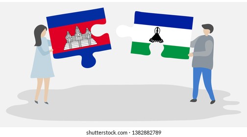 Couple holding two puzzles pieces with Cambodian and Basotho flags. Cambodia and Lesotho national symbols together.