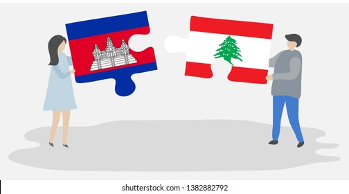 Couple holding two puzzles pieces with Cambodian and Lebanese flags. Cambodia and Lebanon national symbols together.