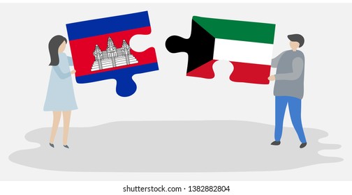 Couple holding two puzzles pieces with Cambodian and Kuwaiti flags. Cambodia and Kuwait national symbols together.