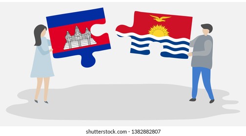 Couple holding two puzzles pieces with Cambodian and I-Kiribati flags. Cambodia and Kiribati national symbols together.