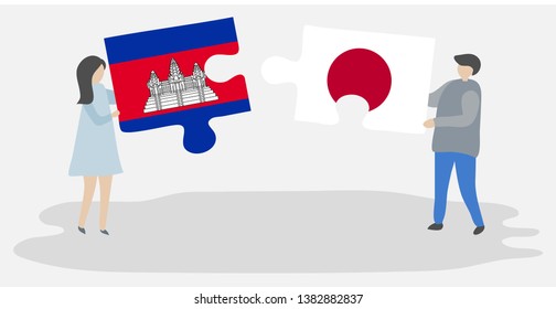 Couple holding two puzzles pieces with Cambodian and Japanese flags. Cambodia and Japan national symbols together.