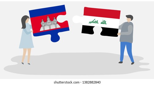 Couple holding two puzzles pieces with Cambodian and Iraqi flags. Cambodia and Iraq national symbols together.