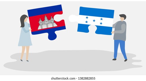 Couple holding two puzzles pieces with Cambodian and Honduran flags. Cambodia and Honduras national symbols together.