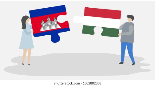 Couple holding two puzzles pieces with Cambodian and Hungarian flags. Cambodia and Hungary national symbols together.