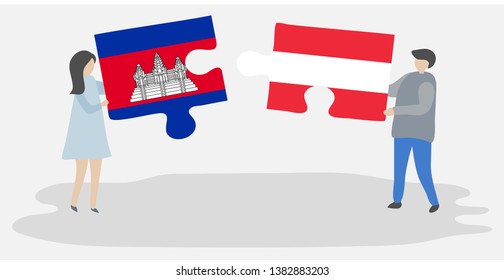 Couple holding two puzzles pieces with Cambodian and Austrian flags. Cambodia and Austria national symbols together.
