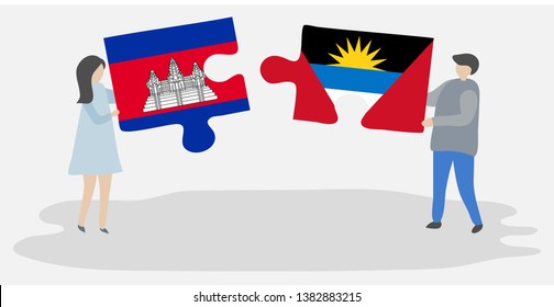 Couple holding two puzzles pieces with Cambodian and Antiguan flags. Cambodia and Antigua and Barbuda national symbols together.