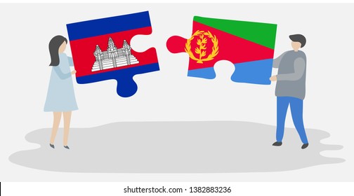 Couple holding two puzzles pieces with Cambodian and Eritrean flags. Cambodia and Eritrea national symbols together.