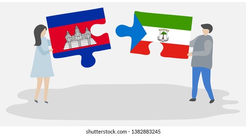 Couple holding two puzzles pieces with Cambodian and Equatorial Guinean flags. Cambodia and Equatorial Guinea national symbols together.