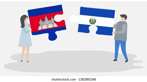 Couple holding two puzzles pieces with Cambodian and Salvadoran flags. Cambodia and El Salvador national symbols together.