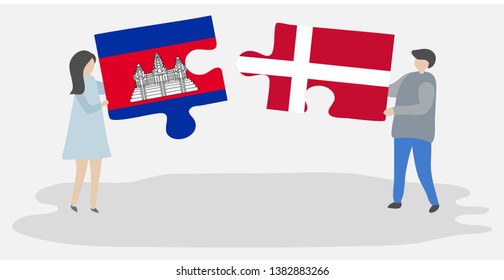 Couple holding two puzzles pieces with Cambodian and Danish flags. Cambodia and Denmark national symbols together.
