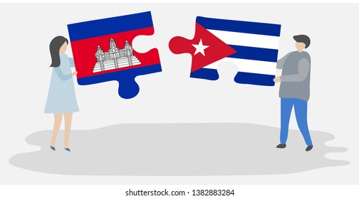 Couple holding two puzzles pieces with Cambodian and Cuban flags. Cambodia and Cuba national symbols together.