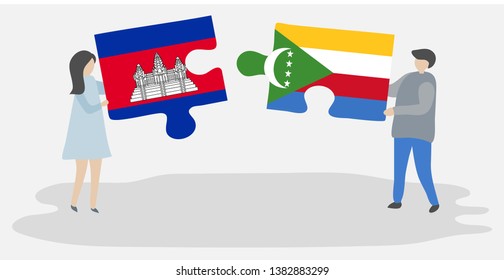 Couple holding two puzzles pieces with Cambodian and Comoran flags. Cambodia and Comoros national symbols together.