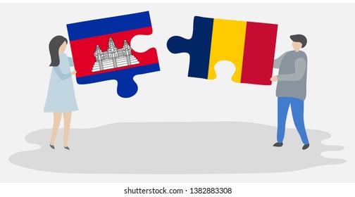 Couple holding two puzzles pieces with Cambodian and Chadian flags. Cambodia and Chad national symbols together.
