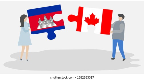 Couple holding two puzzles pieces with Cambodian and Canadian flags. Cambodia and Canada national symbols together.