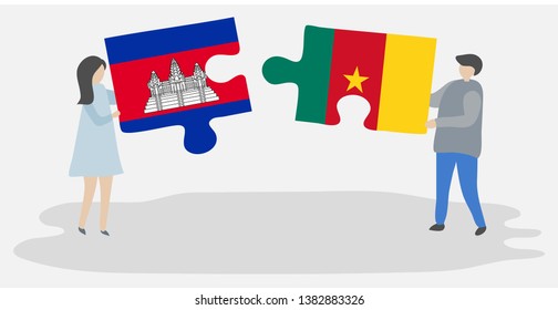 Couple holding two puzzles pieces with Cambodian and Cameroonian flags. Cambodia and Cameroon national symbols together.