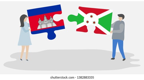 Couple holding two puzzles pieces with Cambodian and Burundian flags. Cambodia and Burundi national symbols together.