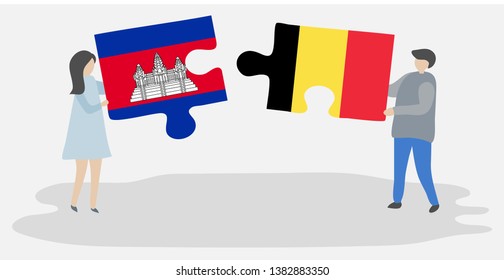Couple holding two puzzles pieces with Cambodian and Belgian flags. Cambodia and Belgium national symbols together.