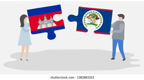 Couple holding two puzzles pieces with Cambodian and Belizean flags. Cambodia and Belize national symbols together.