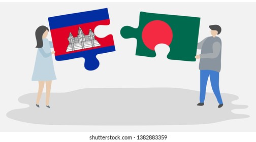 Couple holding two puzzles pieces with Cambodian and Bangladeshi flags. Cambodia and Bangladesh national symbols together.