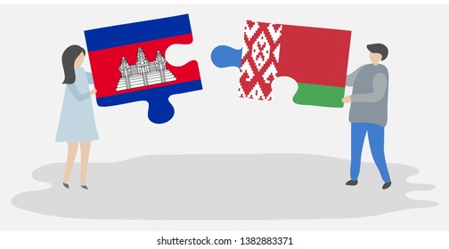 Couple holding two puzzles pieces with Cambodian and Belarusian flags. Cambodia and Belarus national symbols together.