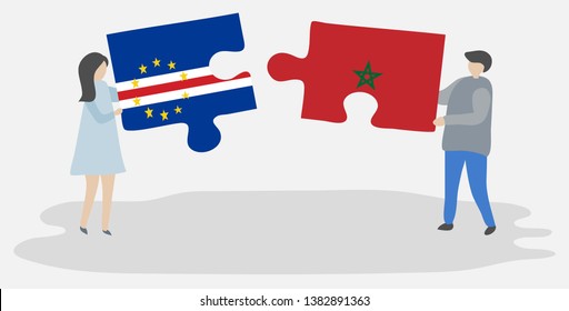 Couple holding two puzzles pieces with Cabo Verdean and Moroccan flags. Cape Verde and Morocco national symbols together.