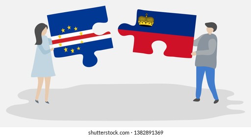 Couple holding two puzzles pieces with Cabo Verdean and Liechtenstein flags. Cape Verde and Liechtenstein national symbols together.