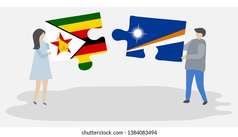 Couple holding two puzzles pieces with Zimbabwean and Marshallese flags. Zimbabwe and Marshall Islands national symbols together.