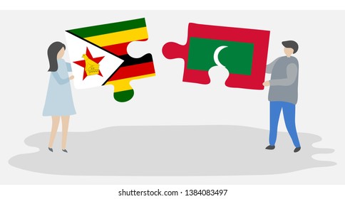Couple holding two puzzles pieces with Zimbabwean and Maldivian flags. Zimbabwe and Maldives national symbols together.