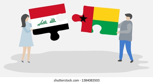 Couple holding two puzzles pieces with Iraqi and Bissau-Guinean flags. Iraq and Guinea-Bissau national symbols together.