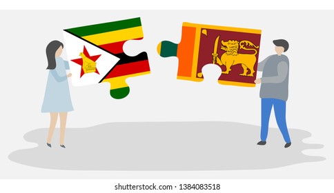 Couple holding two puzzles pieces with Zimbabwean and Sri Lankan flags. Zimbabwe and Sri Lanka national symbols together.
