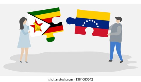 Couple holding two puzzles pieces with Zimbabwean and Venezuelan flags. Zimbabwe and Venezuela national symbols together.