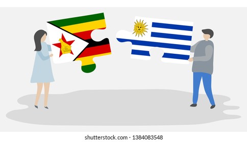 Couple holding two puzzles pieces with Zimbabwean and Uruguayan flags. Zimbabwe and Uruguay national symbols together.