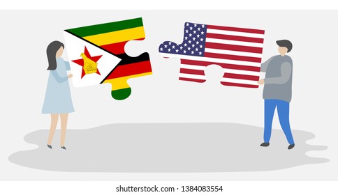 Couple holding two puzzles pieces with Zimbabwean and American flags. Zimbabwe and United States of America national symbols together.