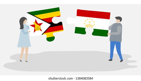 Couple holding two puzzles pieces with Zimbabwean and Tajikistani flags. Zimbabwe and Tajikistan national symbols together.
