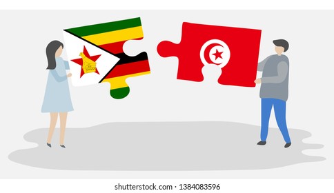 Couple holding two puzzles pieces with Zimbabwean and Tunisian flags. Zimbabwe and Tunisia national symbols together.