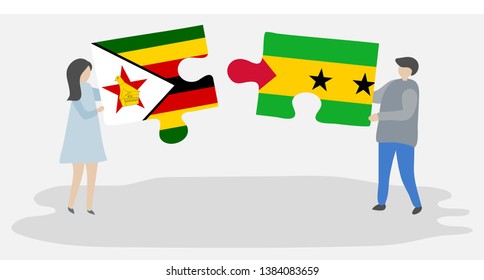 Couple holding two puzzles pieces with Zimbabwean and Sao Tomean flags. Zimbabwe and Sao Tome and Principe national symbols together.