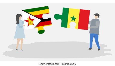 Couple holding two puzzles pieces with Zimbabwean and Senegalese flags. Zimbabwe and Senegal national symbols together.