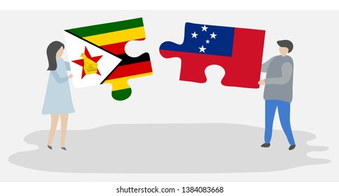 Couple Holding Two Puzzles Pieces With Zimbabwean And Samoan Flags. Zimbabwe And Samoa National Symbols Together.