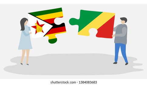 Couple holding two puzzles pieces with Zimbabwean and Congolese flags. Zimbabwe and Republic of the Congo national symbols together.