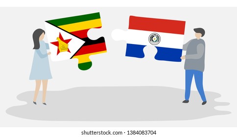 Couple holding two puzzles pieces with Zimbabwean and Paraguayan flags. Zimbabwe and Paraguay national symbols together.