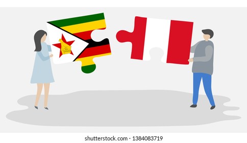 Couple holding two puzzles pieces with Zimbabwean and Peruvian flags. Zimbabwe and Peru national symbols together.