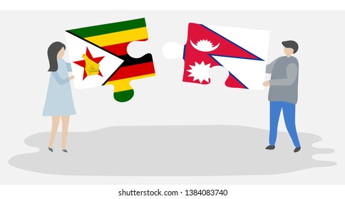 Couple holding two puzzles pieces with Zimbabwean and Nepalese flags. Zimbabwe and Nepal national symbols together.