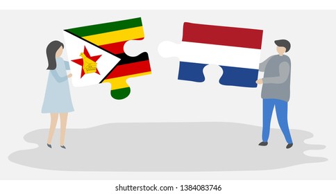 Couple holding two puzzles pieces with Zimbabwean and Dutch flags. Zimbabwe and Netherlands national symbols together.